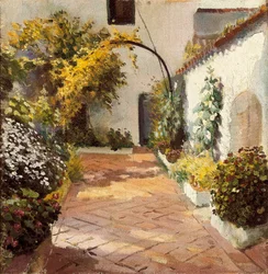 Pati de monges (pati del convent). Pintura realitzada a Marmolejo a la província de Jaén a Espanya. Oli sobre tela de Felipe Abarzuza (1871-1948), primera meitat del segle XX. Museu Provincial de Cadis (Cadis).finlandès