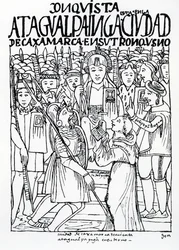 Diego de Almagro, Francisco Pizarro ja veli Vicente de Valverde polvistuvat inka Atahualpan edessä Cajamarcassa