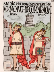 Mustepiirros Don Felipe Puma de Ayalan käsikirjoituksesta "" New Chronicle and Good Government", joka kuvaa inkojen elämää, noin 1587 Lima, Kansallinen antropologian museo, Arqueo