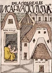 Inka-imperiumi: Temppelit ja palatsit Cuzcossa, Perussa - Mustepiirros Don Felipe Puma de Ayalan käsikirjoituksesta ""Uusi kroniikka ja hyvä hallinto"", joka kuvaa inkojen elämää, noin 1587 Lima, kansallinen antropologian, arkeologian ja historian museo de