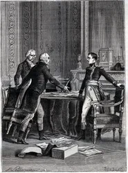 Kolmen konsulin ensimmäinen keskustelu Peer-Luxemburgissa - Napoleon Bonaparte, Emmanuel Joseph Sieyes ja Pierre Roger-Ducos 1799 - Barbantin kaiverrus Philippoteaux
