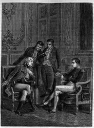 Jean-Jacques Régis de Cambacérès (1753-1824) esittelee silloiselle ensimmäiselle konsulille Bonapartelle ja tämän veljille Josephille ja Lucienille nerokkaan suunnitelmansa, jolla Bonaparte nimitettäisiin elinikäiseksi konsuliksi, noin 1804 - (Cambacérès