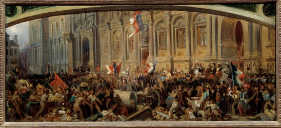 Vuoden 1848 vallankumous: "" Alphonse de Lamartine (1790-1869), ranskalainen kirjailija ja poliitikko, hylkää punaisen lipun kaupungintalolla 25.2.1848." Felix Philippoteaux