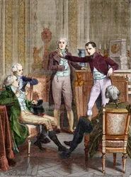 Ensimmäinen konsuli Bonaparte puhuu matemaatikko Gaspard Mongen kanssa - Bonaparten, pääkonsulin ja Gaspard Mongen (1746-1818) kaiverrus Felix Philippoteaux