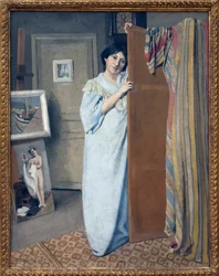 Rouva Vallotton mekossa. Felix Vallottonin (1865-1925) maalaus Öljy kankaalle