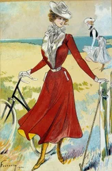 Fashion Belle Epoque: "" Urheilullinen"" Nuoren pyöräilijän asu. Kuvitus Felix Fournery (1865-1938) 1900-luvun Pariisi, Koristetaiteet