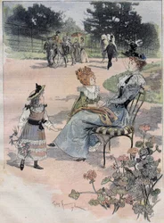 Lasten kävely Pariisin akklimatisaatiopuutarhaan vuonna 1892. Kaiverrus Fourneryn akvarellin mukaan.