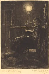 Nainen lukee lampun valossa, 1879.