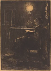 Nainen lukee lampun valossa, 1879.