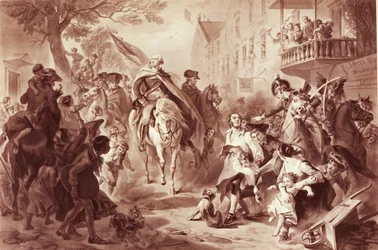 George Washington saapuu New Yorkiin vuonna 1783, kaivertaja Alexander Hay Ritchie (1822-1895) (mezzotint).