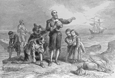 Pyhiinvaeltajien maihinnousu, 1620, kaiverrus A. Bollett, Harper