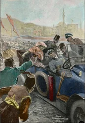 Itävallan arkkiherttuan Frans Ferdinandin (1863-1914) ja hänen vaimonsa Sophien salamurha Sarajevossa