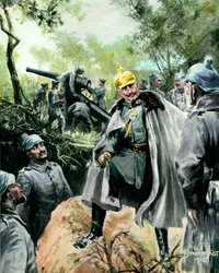 Ensimmäinen maailmansota: "" Muotokuva keisari William II:sta (1859-1941) vierailemassa tykistöpostilla"" Felix Schwormstadtin (1870-?) vedos 1915 Yksityinen kokoelma
