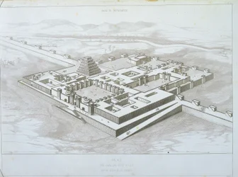 Khorsabadin palatsi, historiallinen näkymä kaakosta ja osa linnoitettuja muureja, Victor Placen kuvitus Ninivestä ja Assyriasta