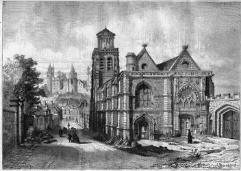 Pierrefondsin Saint Sulpicen (Saint Sulpice) kirkko Oisen departementissa Picardian alueella - Kaiverrus vuodelta 1868 Felix de Thorignyn piirustuksen mukaan