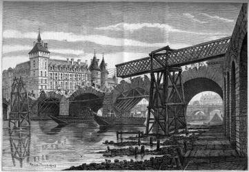 Pariisin muunnokset toisen imperiumin aikana, Haussmann Paris: Pont au Changen purku (1639-1647) ja väliaikaisen sillan asennus. Felix Thorignyn kaiverrus "" Le Monde Illustré" -julkaisussa nro 78, 9. lokakuuta 1858.