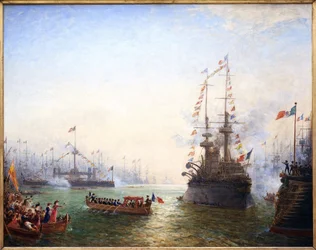 Toulon, presidentti Emile Loubetin (1838-1929) vierailu ranskalaisille ja italialaisille siiveille huhtikuussa 1901. Felix Ziemin (1821-1911) maalaus, öljy kankaalle