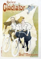 Konstaapelin jahtaama pyöräpari – Gladiaattoripyörien mainos, kirjoittaja Misti, v.1895