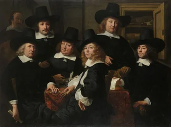 Kuusi valtionhoitajaa ja helmi Nieuw Zijds -instituutista köyhien ulkona auttamiseksi, Amsterdam, 1657