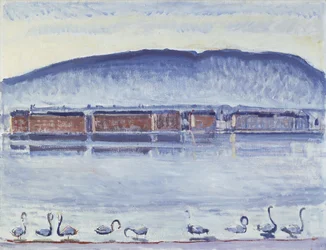 Genevejärvi Mont Salèven ja joutsenten kanssa