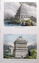 Aleksandrian suuri majakka ja mausoleumi Halikarnassoksessa, "Maailman seitsemän ihmeen" sarjasta, joka julkaistiin Munchener Bilderbogenissa, 1886