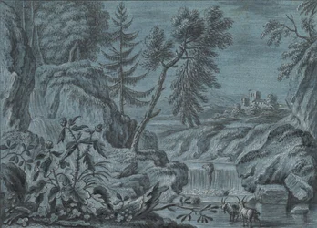 Eteläinen maisema, jossa on vesiputous ja vuohia, 1700-luvun loppu.