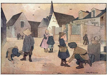 Koulun ulkopuolella, lapsuuden kuvakirjassa, n. 1900 (kaiverrus)
