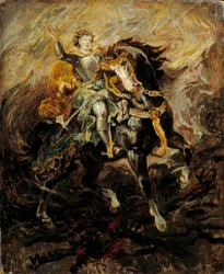 Clorinde puuttuu pelastaakseen Olinden ja Sophronian. Kuva Torquato Tasson "La Jerusalem delivree" (La gerusalemme liberata) kohtauksesta. Eugene Delacroixin (1798-1863) maalaus 1800-luvun aurinko. 0,61x0,5 m