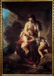 Raivoisa Medeia. Medeia murhaa kaksi lastaan luolassa. Eugène Delacroix (1798-1863)