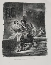 Kuvituksia Faustille: Mefistofeles ja Faust pakenevat kaksintaistelun jälkeen, 1828.