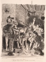 Kuvituksia Faustille: Méphistophélés opiskelijoiden tavernassa, 1828.
