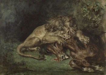 Lion dévorant un cheval (Leijona syö hevosta), n. 1844 (akvarelli, bodycolor oand arabiakumi grafiitilla paperille, kiinnitetty tauluun)