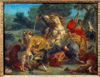 Leijonan metsästys. Eugene Delacroix (1798-1863) maalaus
