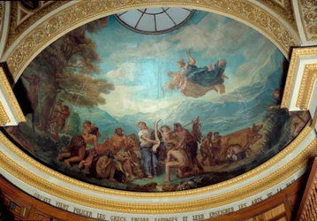 Orfeus saapuu sivistämään vielä villejä kreikkalaisia ja opettamaan heille rauhan taitoja. Kansalliskokouksen kirjaston (Palais Bourbon) kupolia koristava fresko, 1843, Pariisi