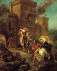 Rebecca lähti temppeliläisten toimesta Frondeboeufin linnan laukkuun. Scott Walterin kirjasta "Ivanhoe". Eugene Delacroix (1798-1863) maalaus