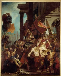 Trajanuksen tuomari Leski, jonka poika tapettiin, hakee oikeutta keisari Trajanuselta (Marcus Ulpius Trajanus, 53-117), joka lähtee sotaan. Kuvitus kiirastulesta Dante Alighierin (1265-1321) teoksessa "" La Divina Commedia" (Divine Comeide) Eugin maalaus