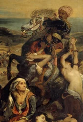 Scion verilöylyt. Kohtaus, joka kuvaa Kreikan vapaussotaa ottomaaneja vastaan: Kreikan siviilit odottavat kuolemaa tai orjuutta, Yksityiskohta. Eugene Delacroix (1798-1863) maalaus
