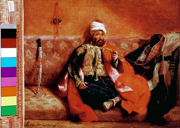 Turkkilainen tupakointi sohvalla. Eugene Delacroix (1798-1863) maalaus