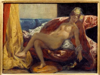 Nainen veistämällä papukaijaa. Eugene Delacroix (1798-1863) maalaus