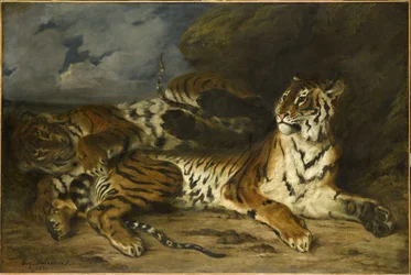 Nuori tiikeri leikkii äitinsä kanssa, 1830.
