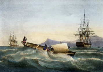 Outrigger-kanootti Antilleilta, värilitografia Ferdinand Perrot