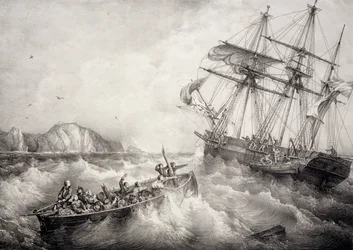 Bretonin kalastusaluksen miehistön pelastus ruotsalaisella Le Neptune -aluksella, Litografia Ferdinand Perrot