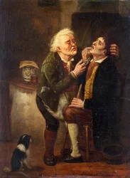 Hammaslääkärissä - Maalaus Ferdinand de Braekeleer Vanhin (1792-1883), öljy puulle (39x28,5 cm)