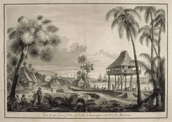 MALASPINA, Alejandro (1754-1809). Italialais-espanjalainen merenkulkija ja tutkimusmatkailija; BRAMBILA, Fernando (1763-1834). Taidemaalari. Malaspinan retkikunta. Filippiinit (1792). Zamboangan kylä. Fernando Brambilan piirros. Piirustus. ESPANJA. MADRID 