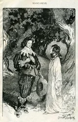 Filiberto Scarpellin kuvitus satuun "Lumikki" veljesten Jacob ja Wilhelm Grimmin satukokoelmasta "Lumikki ja muita satuja".