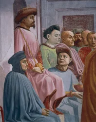 Theofiluksen ihme, yksityiskohta teoksesta Theofiluksen pojan herättäminen, Tommaso Masaccio, fresko