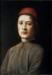 Nuoren miehen muotokuva, jolla on punainen hattu Filippiiniläisen Lipin (1457-1504) maalaus 1400-luvulla Firenze, Galleria degli Uffizi (toimistot)