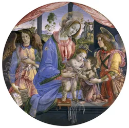 Madonna ja lapsi, Johanneksen vauva ja kaksi enkeliä, 1480-luvun puoliväli (tempera paneelissa)