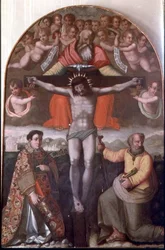 Kolminaisuus SS:n kanssa. Stephen ja Philip, alttaritaulun keskipaneeli (tempera paneelissa)