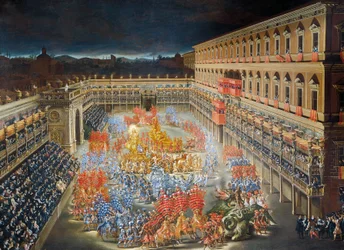 Juhlat Palazzo Barberinissa Ruotsin kuningatar Kristiinan Roomaan vuonna 1656 saapumisen kunniaksi, Filippo Laurin (1623-1694) ja Filippo Gagliardin (1606-1659) maalaus, Yksityiskohta